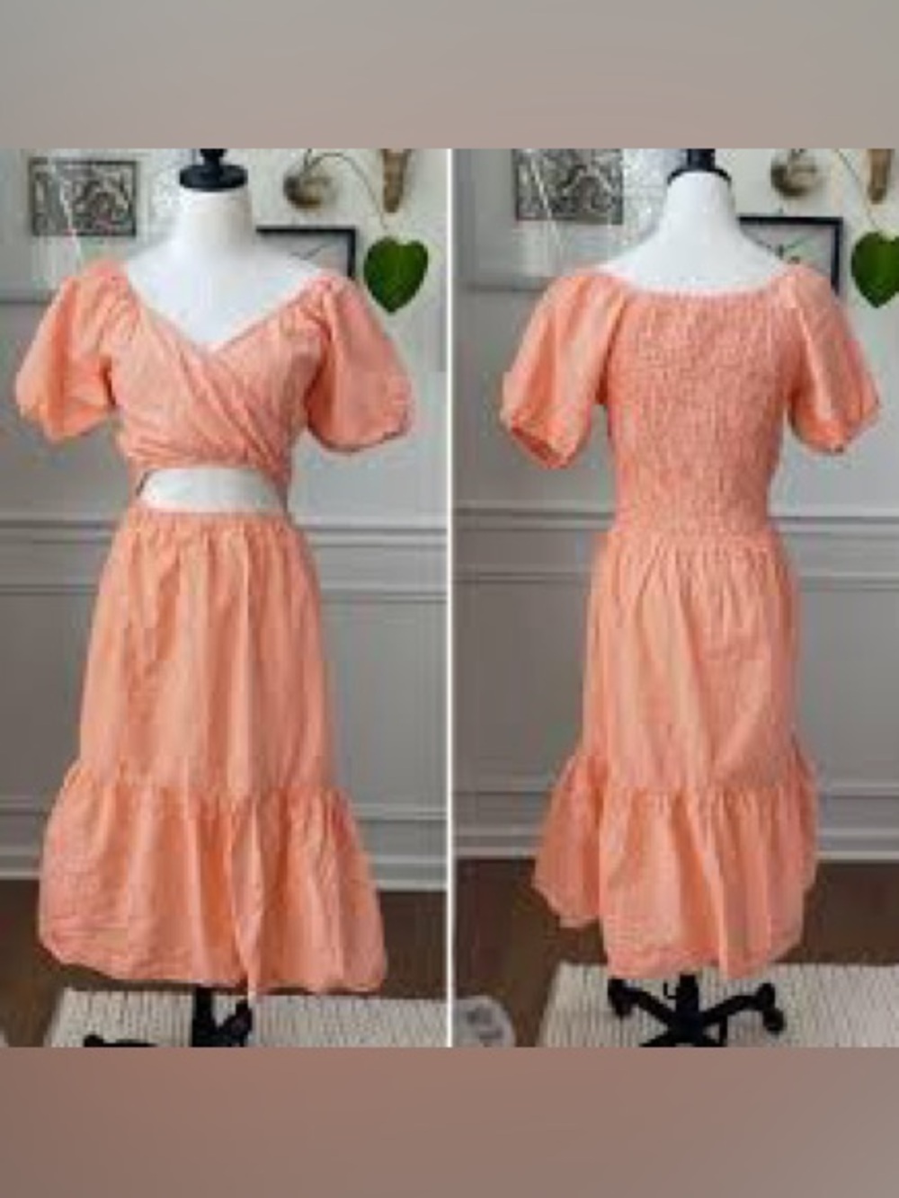 Sim & Sam medium Orange Gingham Puff Sleeve Cutout Midi Dress tiered cotton
